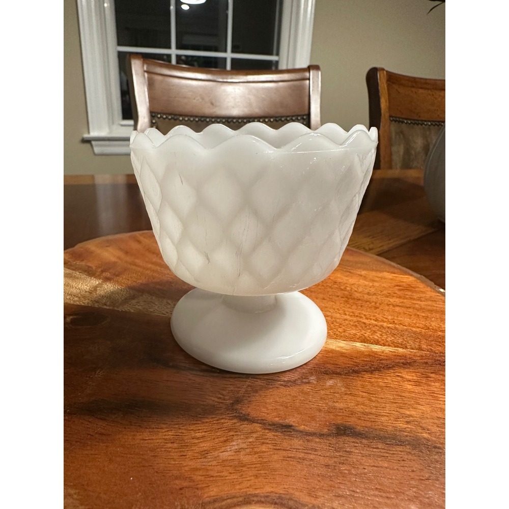 Vintage EO Brody Co Milk Glass Diamond Quilted Footed Scalloped Bowl MJ-51 White